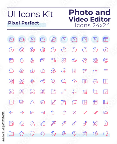 Photo and video editor tools pixel perfect gradient linear ui icons set. Digital program. Line contour user interface symbols. Modern style pictograms. Vector isolated outline illustrations