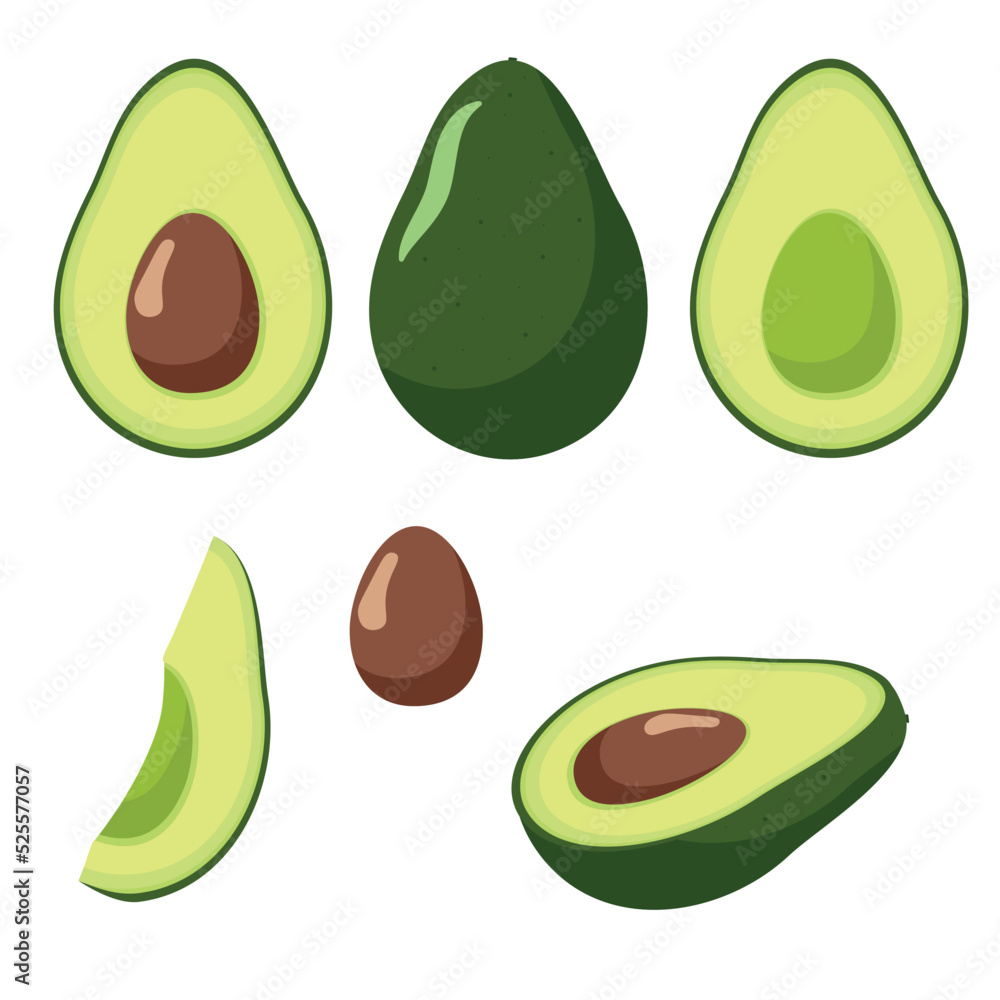 Avocado whole and cut isolated on white background. flat style Avocado whole and cut isolated on white background. flat style
