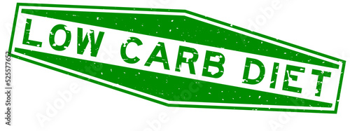 Grunge green low carb diet word hexagon rubber seal stamp on white background