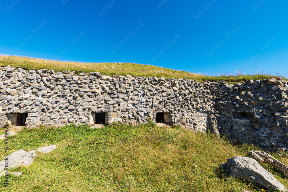 Fortress or bunker of the second world war, trekking footpath to the Mountain Peak of Osternig or Oisternig, Carnic Alps, Italy Austria border, Europe. Tarvisio, Udine province, Friuli Venezia Giulia. Fortress or bunker of the second world war, trekking footpath to the Mountain Peak of Osternig or Oisternig, Carnic Alps, Italy Austria border, Europe. Tarvisio, Udine province, Friuli Venezia Giulia.