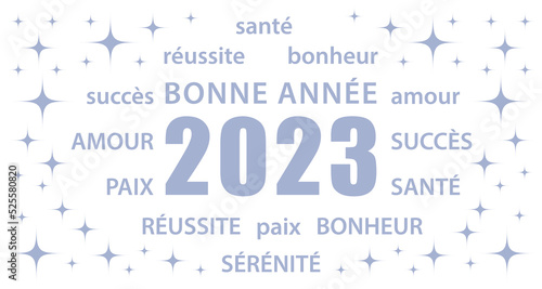 Bonne année 2023 ! Carte blanche et bleu gris argenté en français. Bannière vectorielle.
