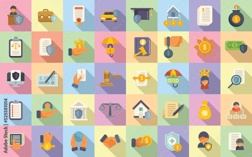 Liability icons set flat vector. Longevity annuity Liability icons set flat vector. Longevity annuity