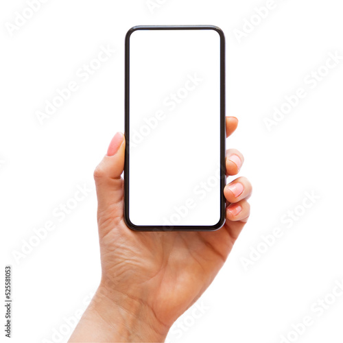 Mobile phone's mockup with empty blank screen in hand, transparent background