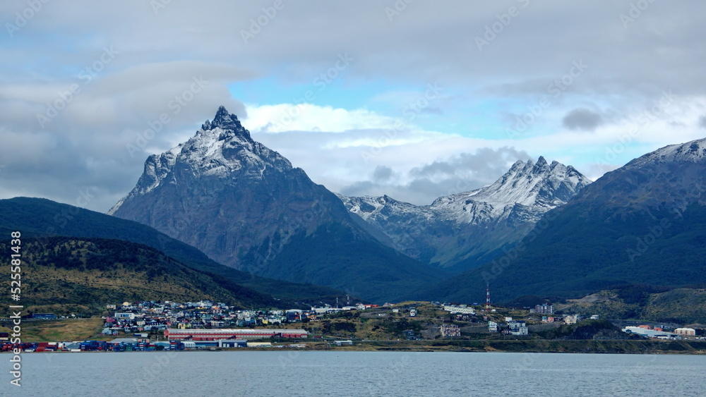 Martial Mountains covered in snow above the town of Ushuaia, Argentina, on the Beagle Channel Martial Mountains covered in snow above the town of Ushuaia, Argentina, on the Beagle Channel