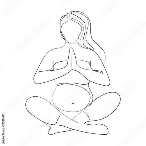 Pregnant women in lotus position with folded hands Vector line drawing in minimal art style.Pregnan girl meditates and practices yoga.Minimalist design for logo,icon,emblem.Mom and baby mental health
