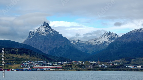 Martial Mountains covered in snow above the town of Ushuaia, Argentina, on the Beagle Channel