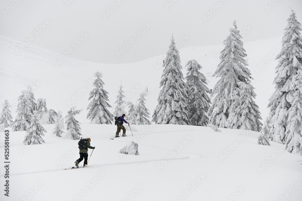 Two guys skiers with hiking equipment walking at snow on mountain slope. Beautiful landscape
