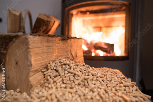 Obraz na płótnie wood burning stove heating the house - choice between firewood or pellets