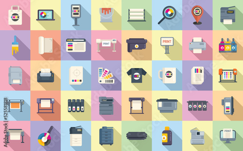 Digital printing icons set flat vector. Computer printer