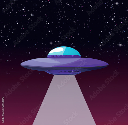 2D flat illustration of UFO in space with beam from below. Minimalist illustration of alien spaceship, galaxy background, cartoon design. Large print for poster, card, canvas, cover, banner, fabric.