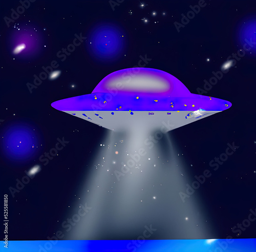 2D flat illustration of UFO in space with beam from below. Minimalist illustration of alien spaceship, galaxy background, cartoon design. Large print for poster, card, canvas, cover, banner, fabric.