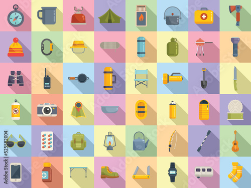 Equipment for hike icons set flat vector. Hiker backpack