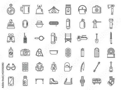 Equipment for hike icons set outline vector. Hiker backpack