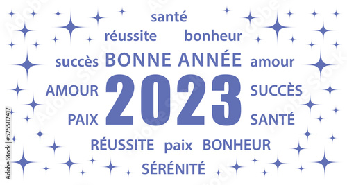 Bonne année 2023 ! Carte de vœux blanche et bleu violet en français. Bannière vectorielle.
