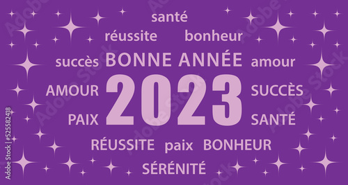 Bonne année 2023 ! Carte de vœux violette et mauve en français. Bannière vectorielle.