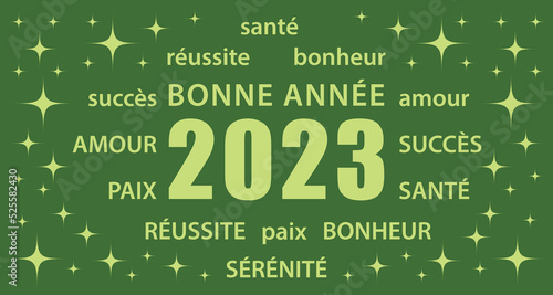 Bonne année 2023 ! Carte de vœux verte flat design en français. Bannière vectorielle.