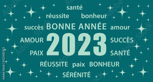 Bonne année 2023 ! Carte de vœux bleu canard en français. Bannière vectorielle.