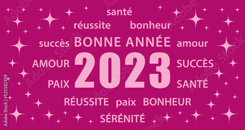 Bonne année 2023 ! Carte de vœux rose flat design en français. Bannière vectorielle.