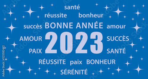Bonne année 2023 ! Carte de vœux bleu et argent en français. Bannière vectorielle.