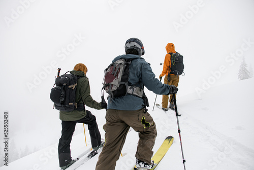 Canvas Print rear view of group of people walking to the top of the snow-covered mountain