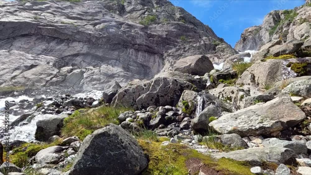 Hiking up a rocky path in Norway, Buarbreen, beautiful landscape Hiking up a rocky path in Norway, Buarbreen, beautiful landscape