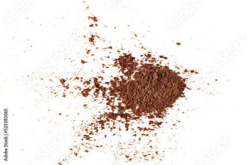Cocoa powder pile isolated on white background, top view