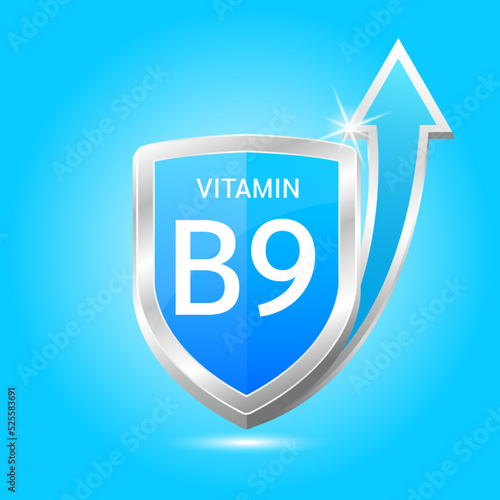 Vitamin B9 shield with Blue atom, an up arrow. Protect body stay healthy, protection from chemicals entering body. For nutrition products food. Medical scientific concepts. Vector illustration 3D.