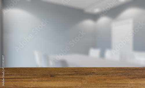 Modern office building interior. 3D rendering.. Background with empty wooden table. Flooring.