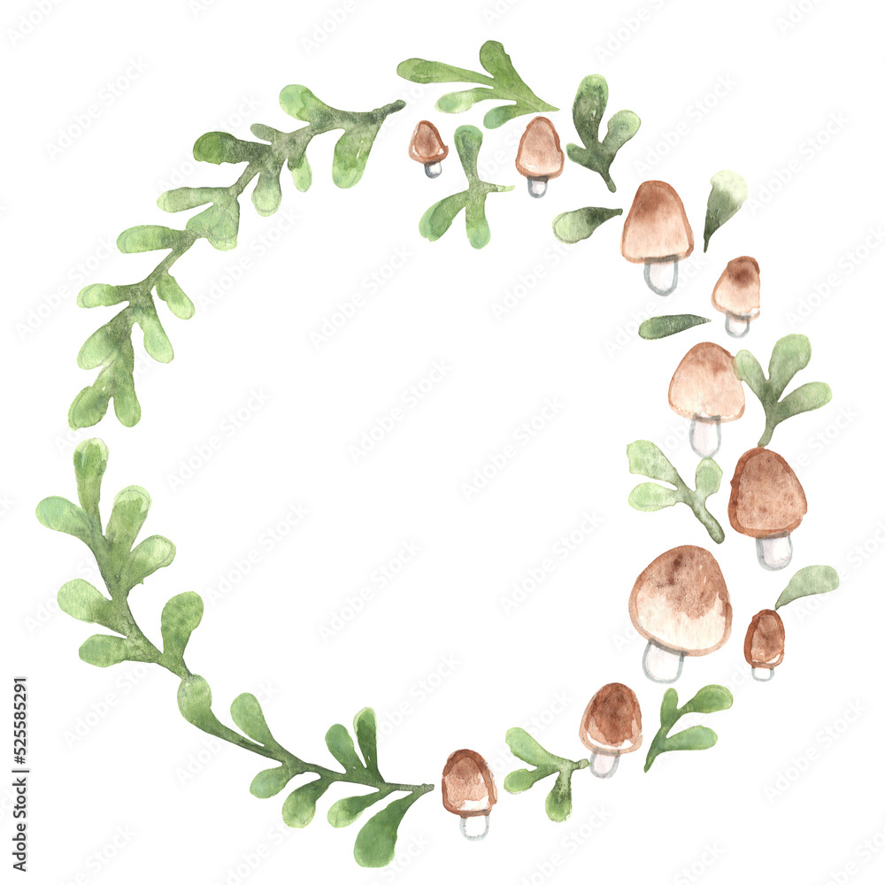 Honey fungus with green leaves wreath watercolor illustration for decoration on organic food and farm lifestyle.