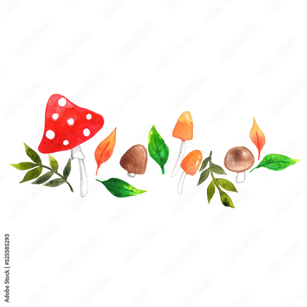 Fototapeta premium Wild mushroom and fungus with leaf watercolor border illustration for decoration on forest and nature.