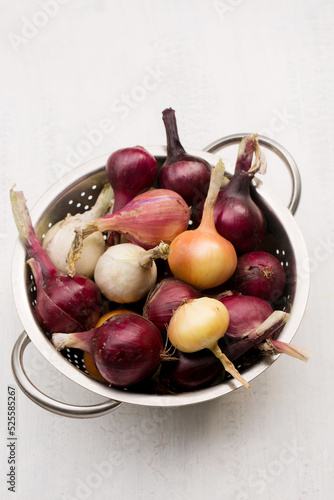 Purple, white and golden onions