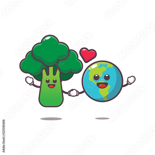 cute broccoli and earth charater cartoon illustration. vegetable world vector. cute vegetable icon vector illustration.