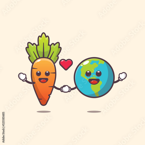 cute carrot and earth charater cartoon illustration. vegetable world vector. cute vegetable icon vector illustration.