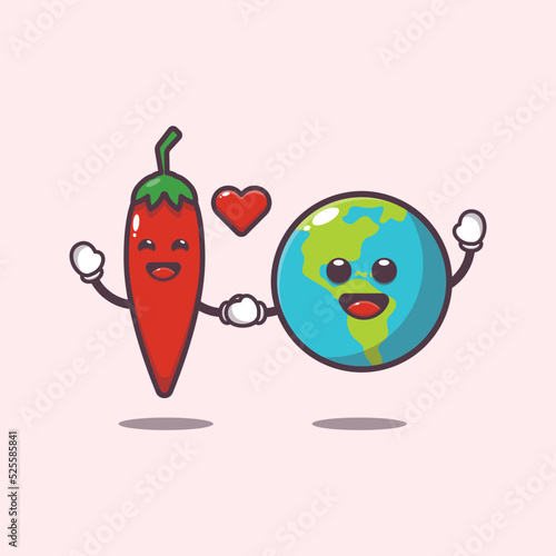 cute chilli and earth charater cartoon illustration. vegetable world vector. cute vegetable icon vector illustration.