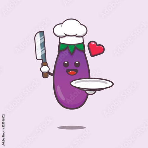 Cute chef eggplant charater cartoon illustration. Cute vegetable icon vector illustration.