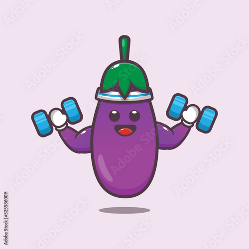 Strong fitness eggplant charater cartoon illustration. Cute vegetable icon vector illustration.