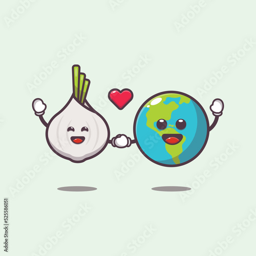 Cute garlic and earth charater cartoon illustration. Cute vegetable icon vector illustration.