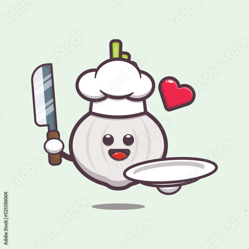 Cute chef garlic charater cartoon illustration. Cute vegetable icon vector illustration.