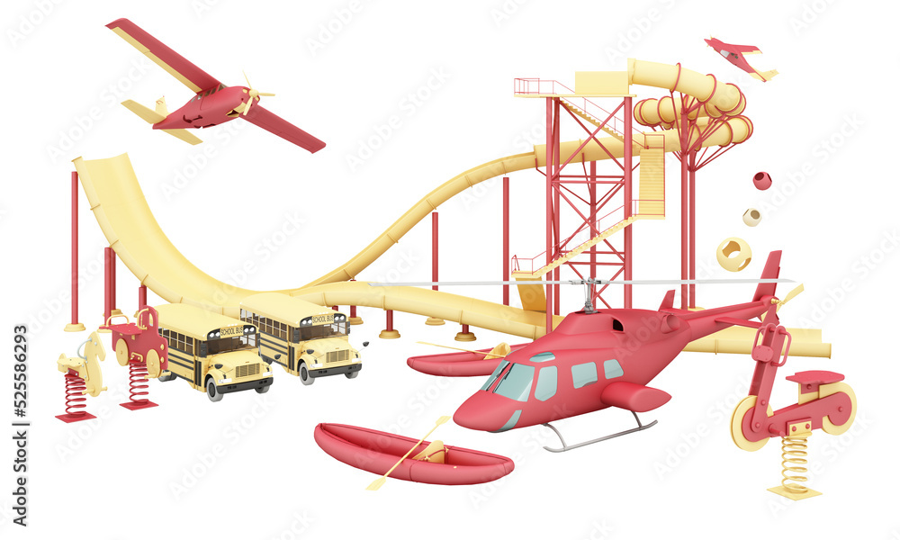 yellow roller coaster with school bus and air plane in Amusement parks surrounding by a lot of colorful toys in pastel color background. 3d rendering PSD