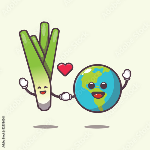 Cute leek and earth charater cartoon illustration. Cute vegetable icon vector illustration.