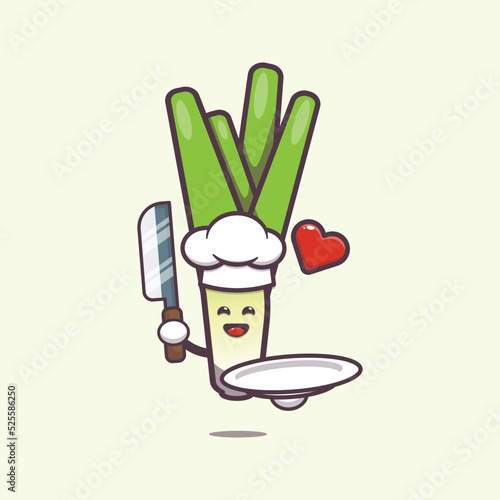 Cute chef leek charater cartoon illustration. Cute vegetable icon vector illustration.