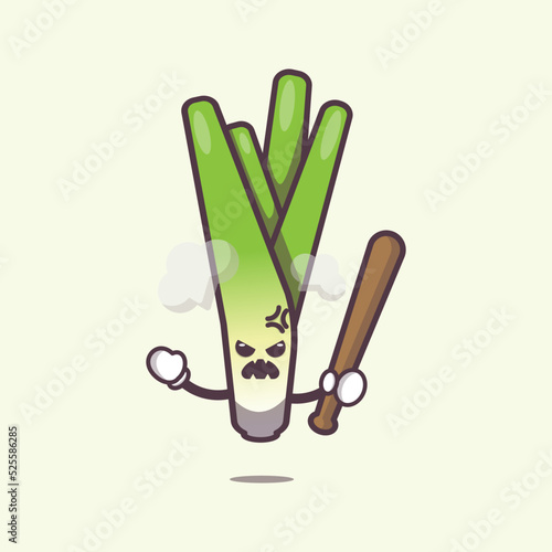 Angry leek charater cartoon illustration. Cute vegetable icon vector illustration.
