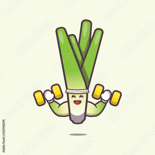 Strong fitness leek charater cartoon illustration. Cute vegetable icon vector illustration.