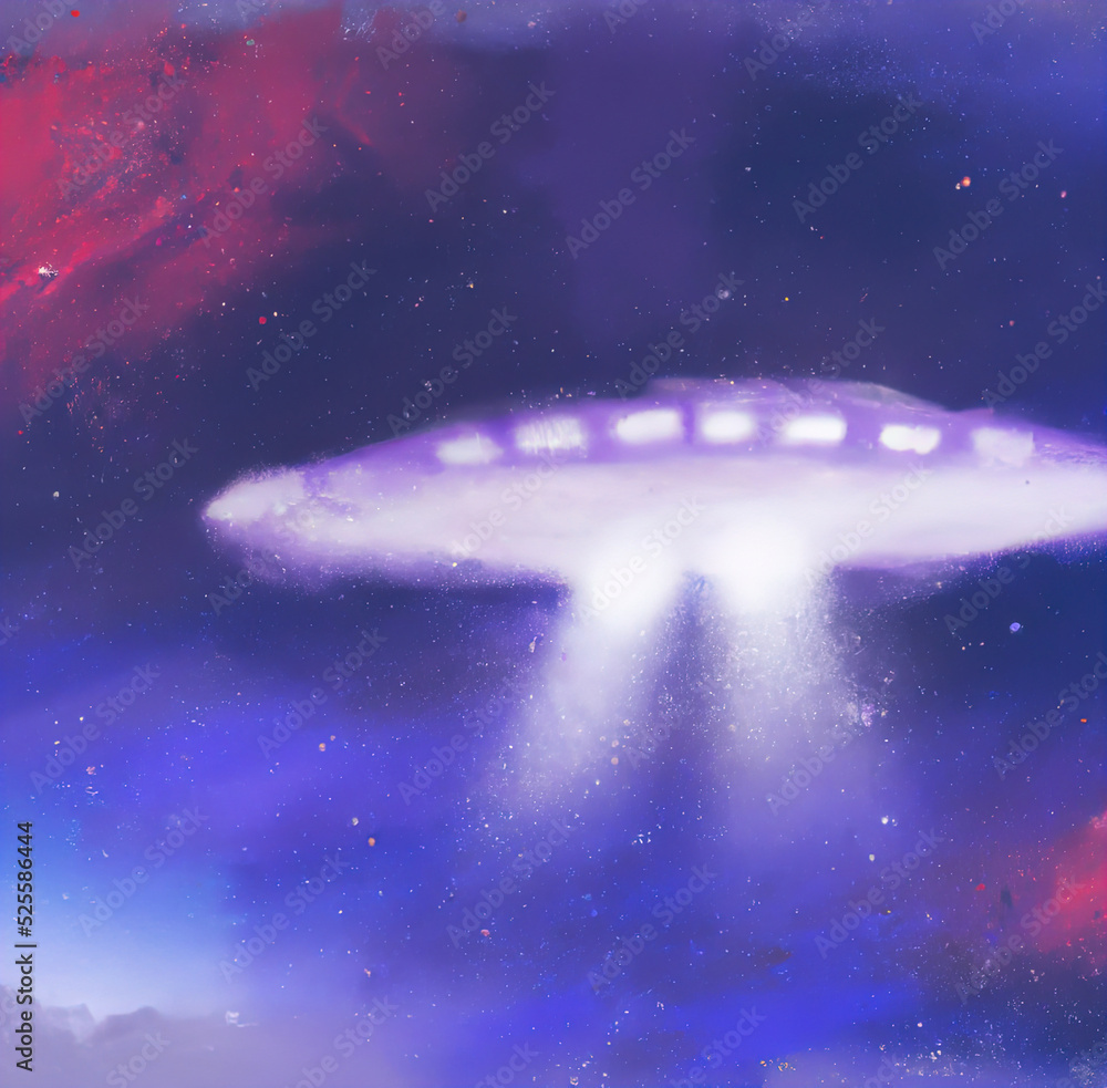 Pastel drawing UFO in space with beam from below. Digital painting of alien spaceship, galaxy background, outer space design. Large art print for poster, card, canvas, cover, banner, fabric. Pastel drawing UFO in space with beam from below. Digital painting of alien spaceship, galaxy background, outer space design. Large art print for poster, card, canvas, cover, banner, fabric.