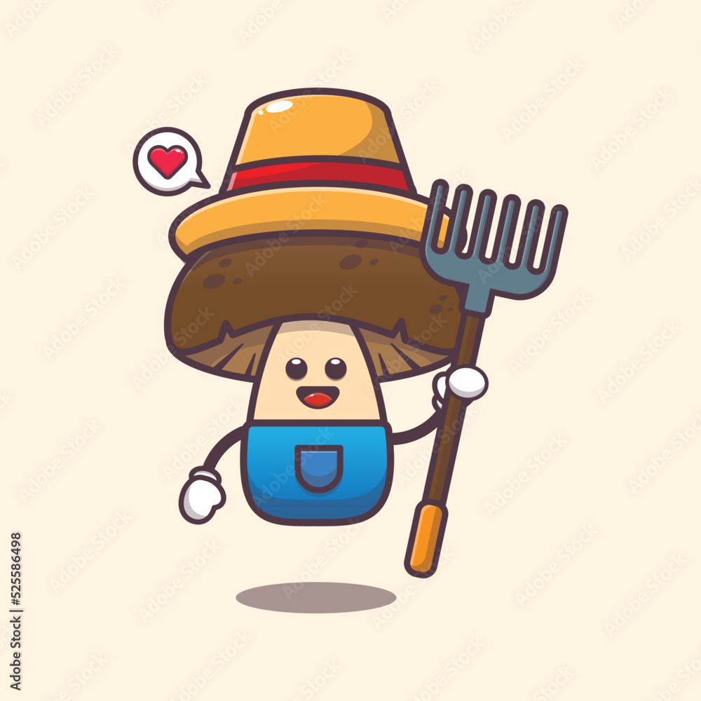 Farmer mushroom character cartoon illustration. Cute vegetable icon vector illustration.