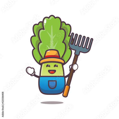 Farmer lettuce character cartoon illustration. Cute vegetable icon vector illustration.