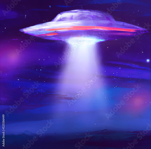 Pastel drawing UFO in space with beam from below. Digital painting of alien spaceship, galaxy background, outer space design. Large art print for poster, card, canvas, cover, banner, fabric.