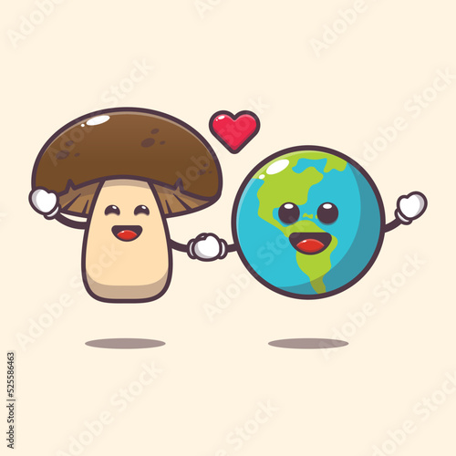 Cute mushroom and earth charater cartoon illustration. Cute vegetable icon vector illustration.