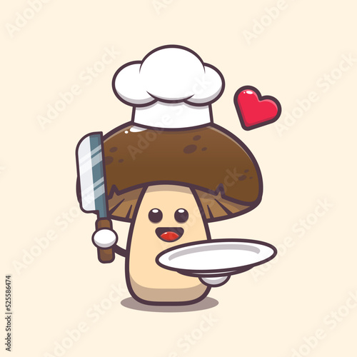 Cute chef mushroom charater cartoon illustration. Cute vegetable icon vector illustration.