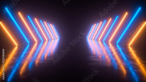 Fototapeta Naklejka Na Ścianę i Meble -  Neon background with neon lines forming a corridor - 3D rendering